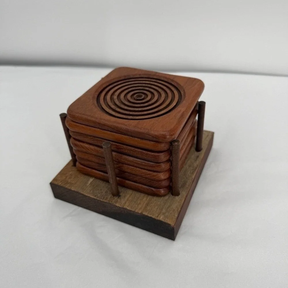 Wood Coaster Set of 7 w/ Holder Concentric Circles MCM Barware Rustic Lodge Core